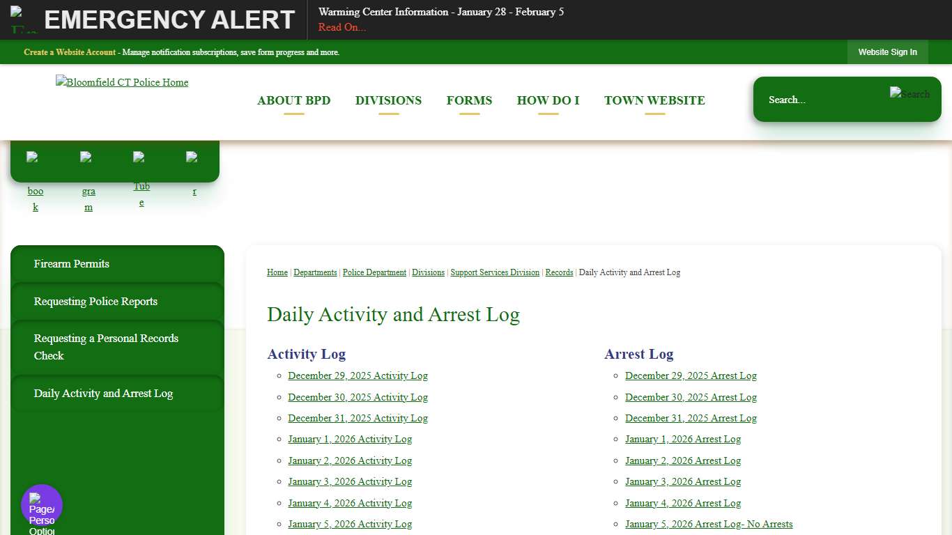Daily Activity and Arrest Log Bloomfield, CT