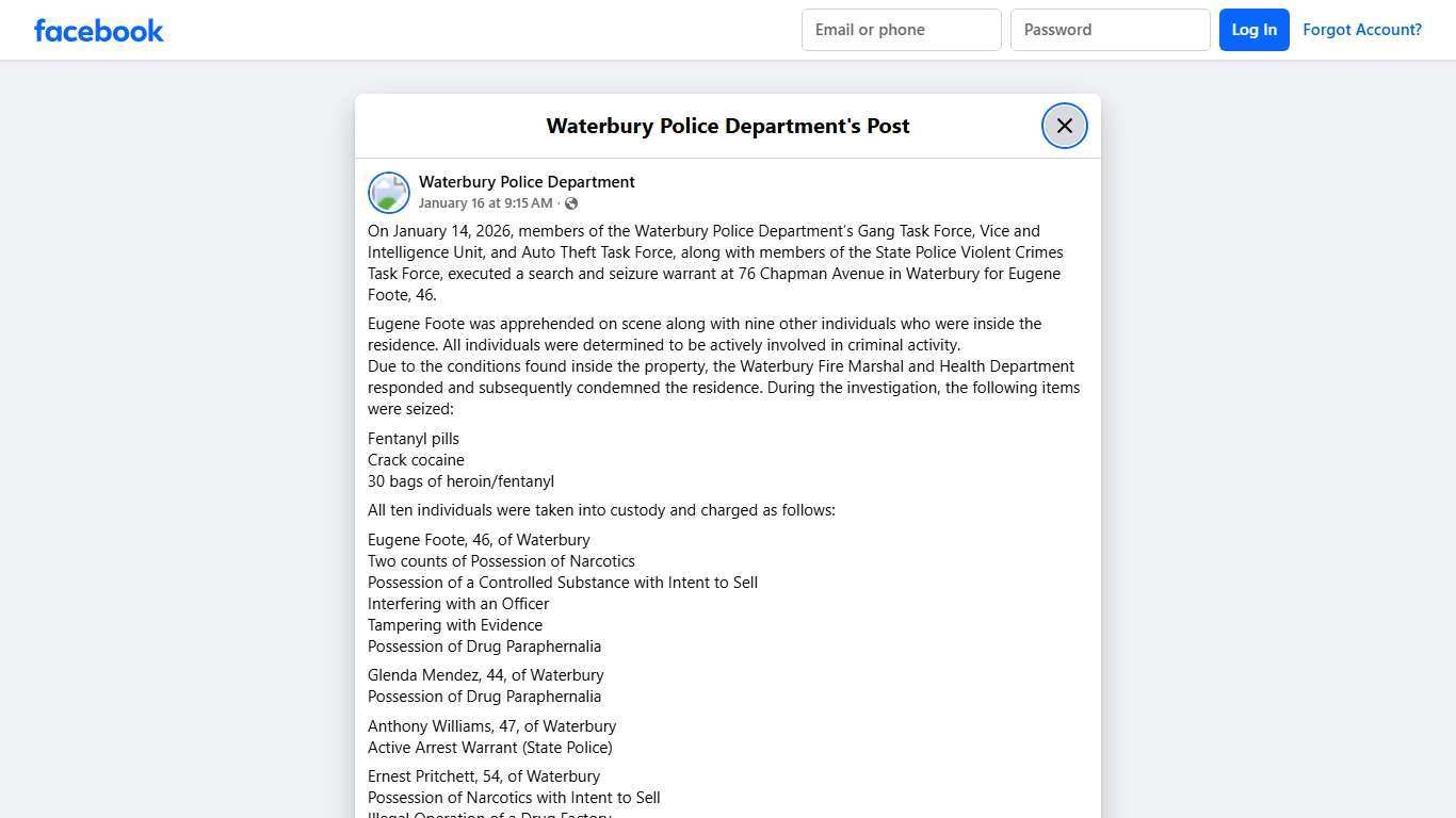 On January 14, 2026, members... - Waterbury Police Department Facebook